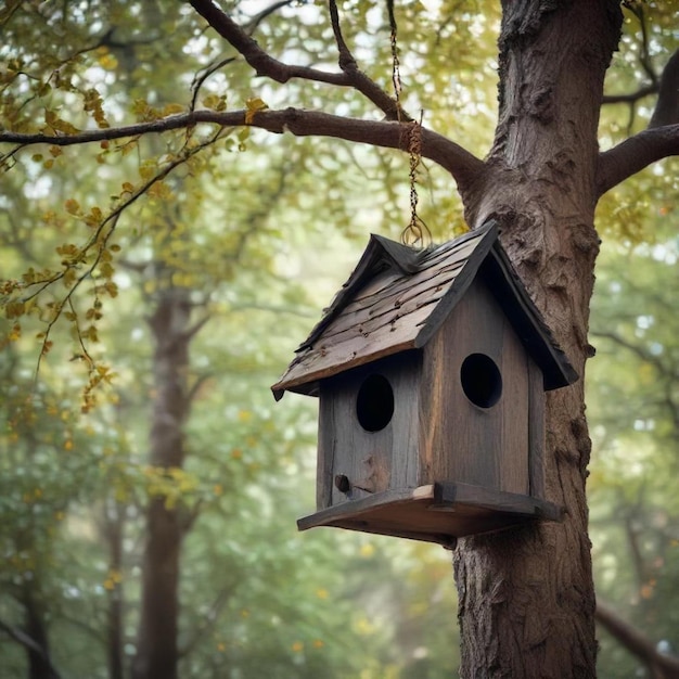 a birdhouse hanging from a tree in a forest