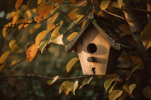 Birdhouse hanging from a yellow tree digital art illustration