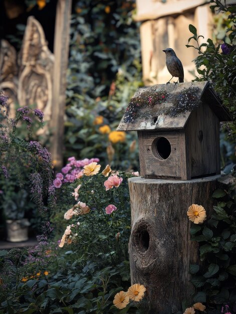 Photo a birdhouse sits on a tree stump in a garden