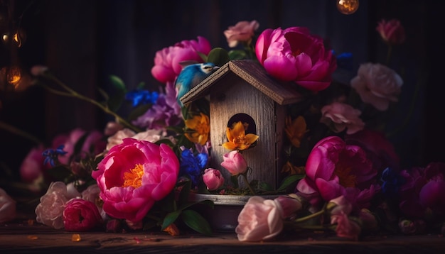 A birdhouse surrounded by flowers and a flower arrangement