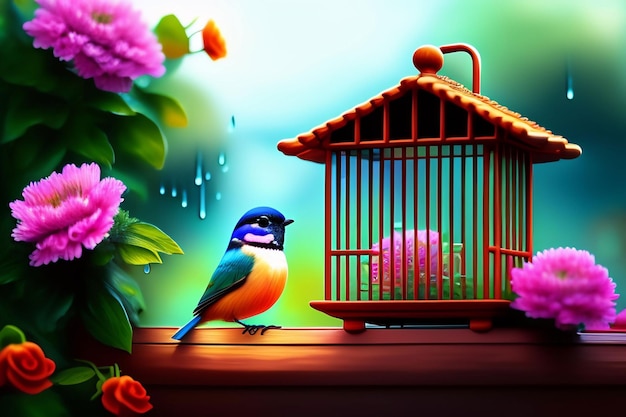 A birdhouse with a bird in it and a pink flower in the background.