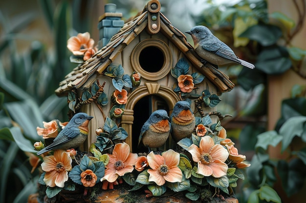 Photo a birdhouse with birds on the top of it