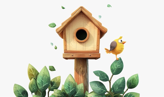 Photo birdhouse on wooden post with white background