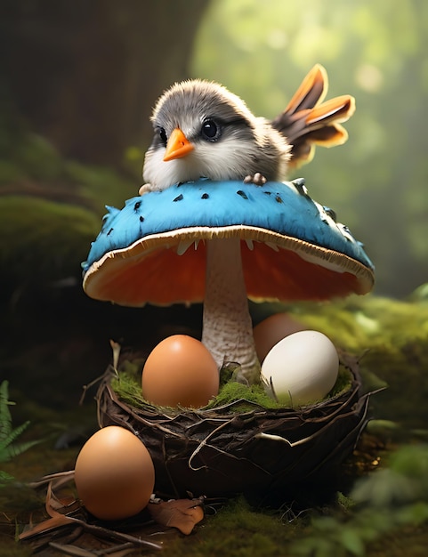 Birds are nesting in mushrooms in the forest