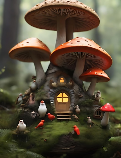 Birds are nesting in mushrooms in the forest