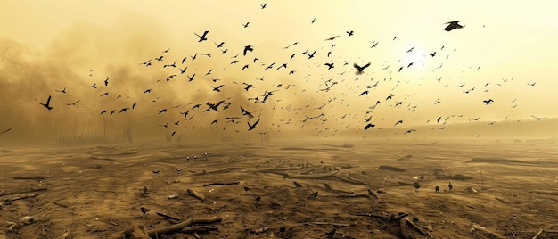 Birds Ascending from a Barren Landscape A breathtaking view of countless birds taking flight from a