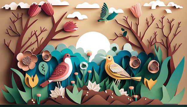 Birds and Blooms Illustration of Spring Nature Generative AI