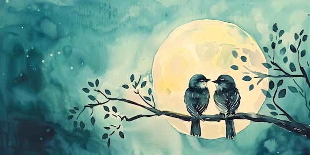 Birds on a Branch A Watercolor Painting under the Full Moon Concept Outdoor Painting Birds on Branch Watercolor Art Full Moon Inspiration Nature Art