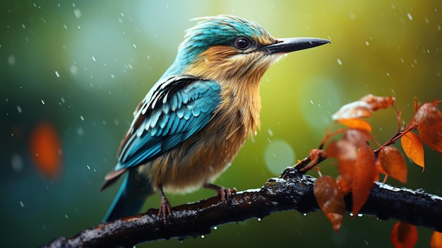 Birds on branches in the rain with blurred background