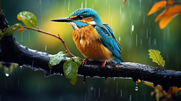 Birds on branches in the rain with blurred background