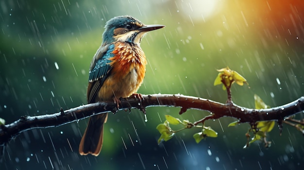 Birds on branches in the rain with blurred background