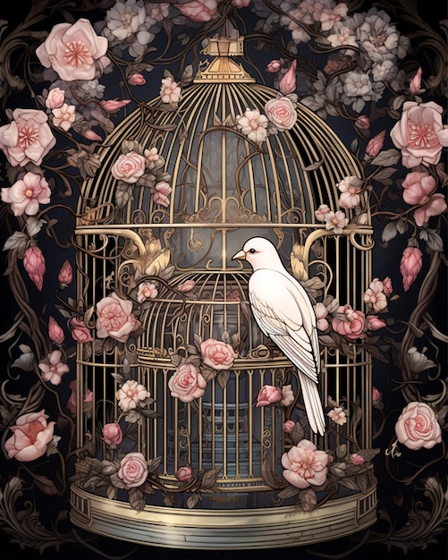 Birds Cage And Flowers Sketch