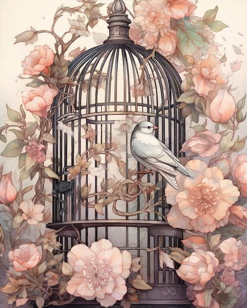 Birds Cage And Flowers Sketch