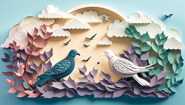 Birds and cloud fresh color illustration in paper cut style Generative AI