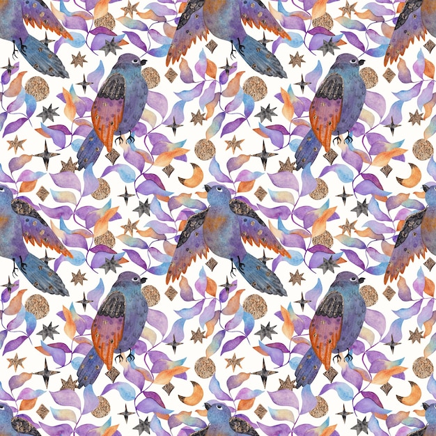 Birds on colorful leaves Watercolor illustration seamless pattern