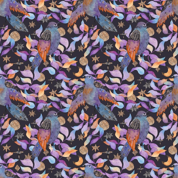 Birds on colorful leaves Watercolor illustration seamless pattern