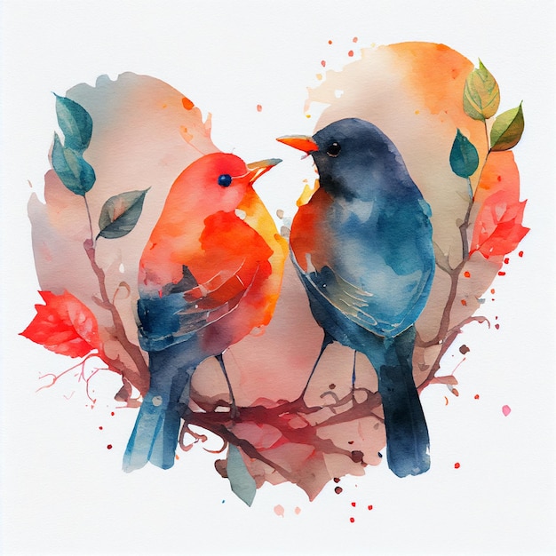 Birds couple in love with hearts valentine's day card 3d render illustration