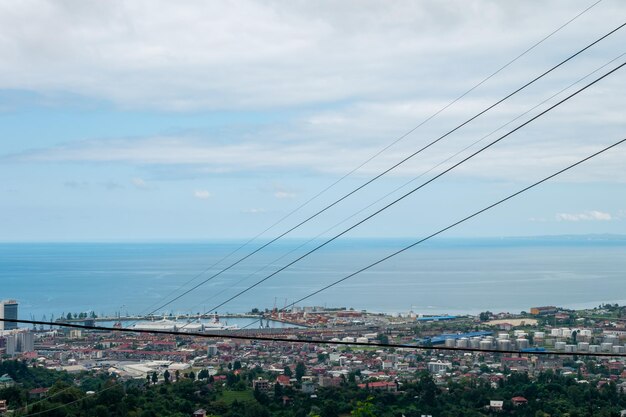 Birds eye view of the city funicular cable car above the city