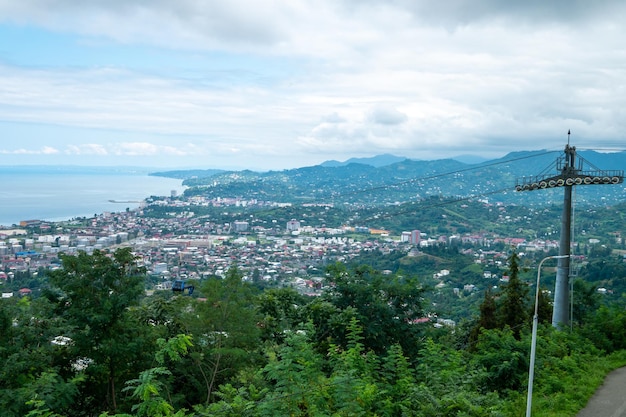 Birds eye view of the city surrounded by sea and mountains