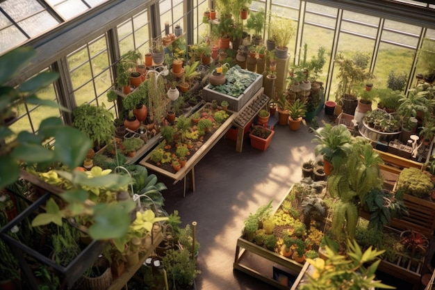 Birds eye view of an organized greenhouse layout created with generative ai