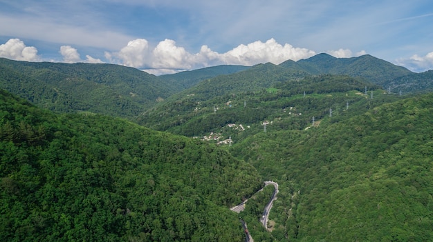 Birds Eye View winding road from the high mountain pass in Sochi Russia