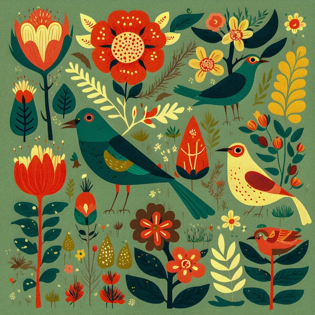 Birds and flowers flat pattern illustartion colourful retro granular texture