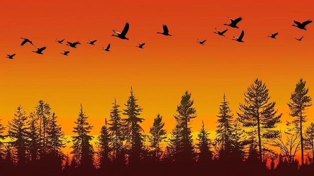 Photo birds fly in the evening autumn forest silhouette image