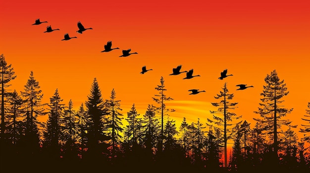 Photo birds fly in the evening autumn forest silhouette image