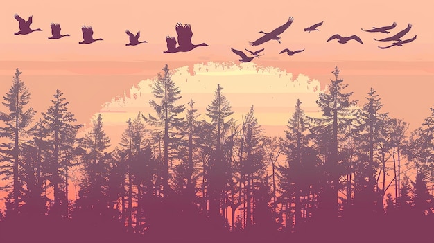 Photo birds fly in the evening autumn forest silhouette image