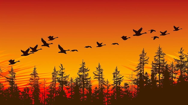 Photo birds fly in the evening autumn forest silhouette image