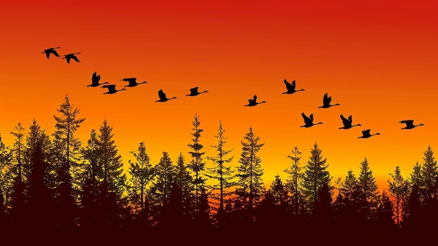 Photo birds fly in the evening autumn forest silhouette image