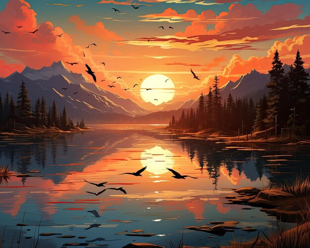 Birds fly in a sunset painting Illustration Generative AI