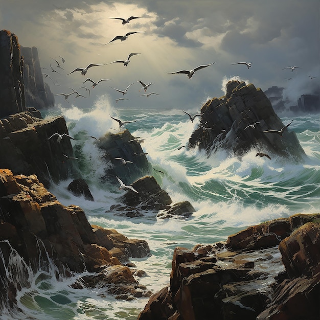 Birds flying against the rough waves in the dark environment with the storm