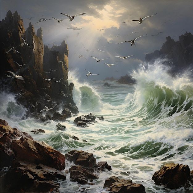 Birds flying against the rough waves in the dark environment with the storm