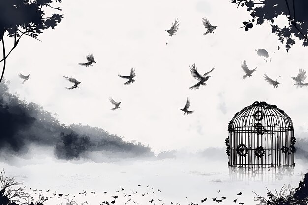 Photo birds flying free from an empty cage