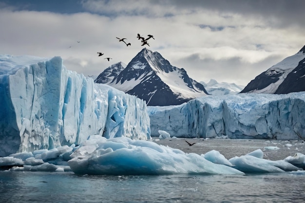 Birds flying over glaciers