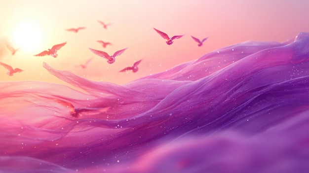 Photo birds flying over purple fabric waves at sunset