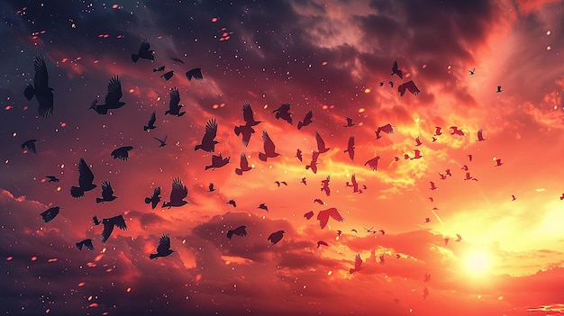 birds flying in the sky at sunset