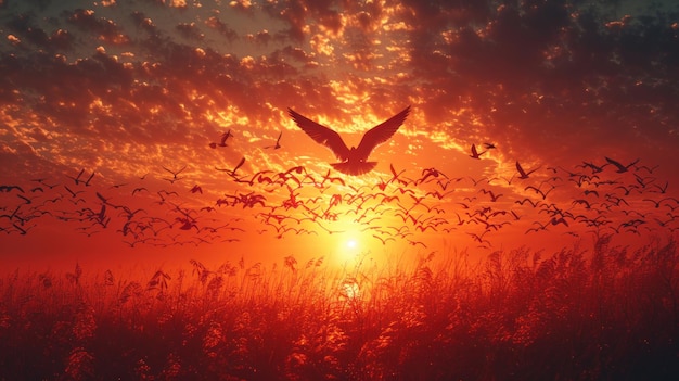 Photo birds flying towards the sunset