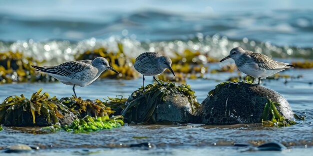 Photo birds foraging for food on seaweedcovered rocks in the water concept birds foraging seaweed rocks water