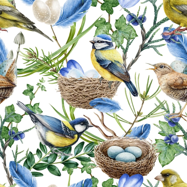 Birds in forest greens seamless pattern Watercolor illustration Realistic forest life pattern