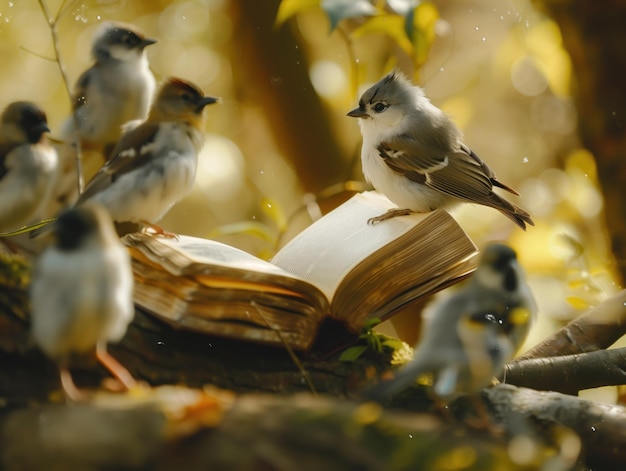 Birds Gathered Around an Open Book In a tranquil woodland scene a group of small inquisitive birds p