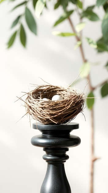 Photo birds nest on a black pedestal with a blurred green plant background