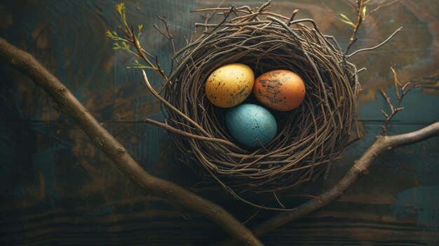 Photo birds nest with three eggs