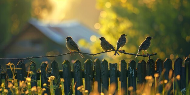 Photo birds perched on a village fence morning sunlight casting warm hues fauna village dawncopy space for text focus cover all object deep dept of filed