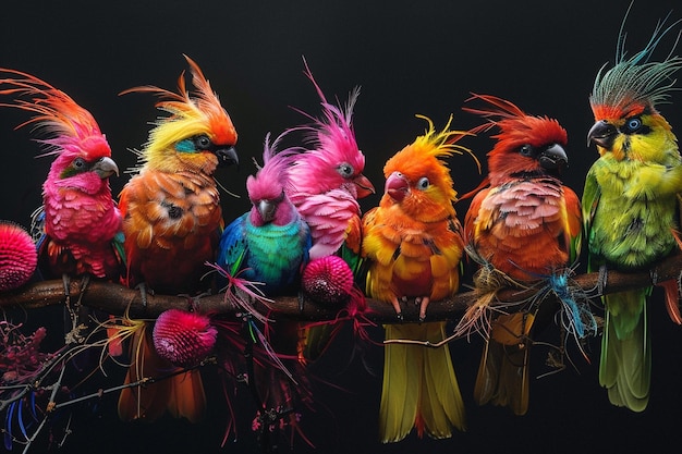 Photo birds on perches adorned with colorful feaths ar generative ai