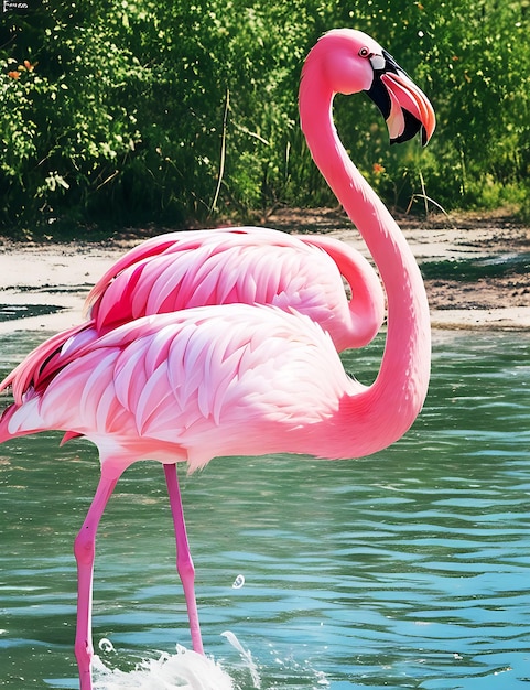 Birds Pink Flamingos Walk on the Lake ai Generated