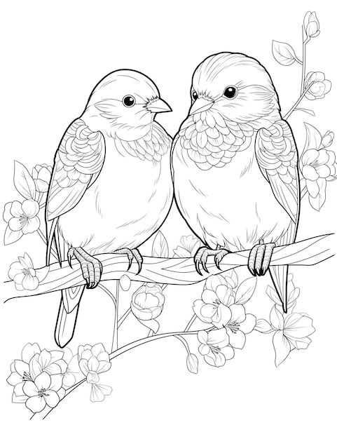 Birds Sitting on a Branch summer birds coloring pages for kids and adults