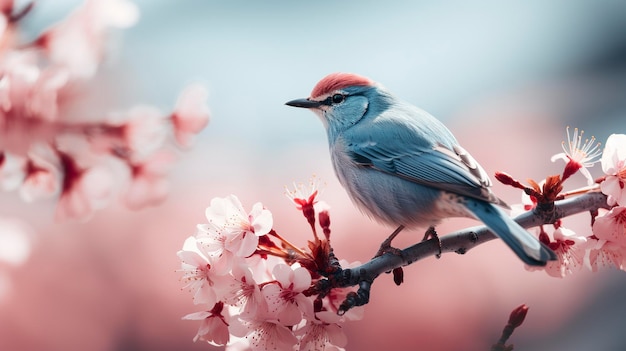 Birds sitting in a tree filled with cherry blossom flowers Generative AI