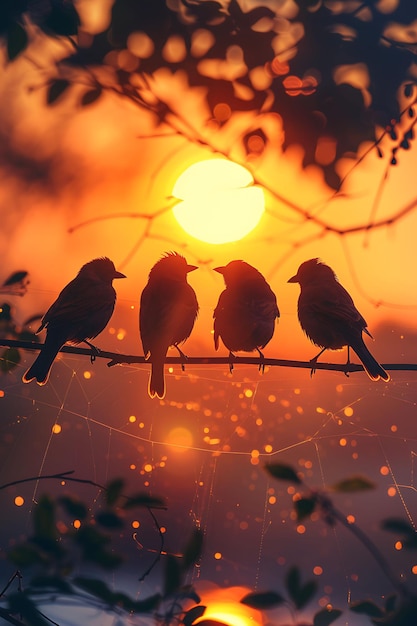 Birds Sitting on a Wire as Silhouette Shadow Cast in a Linea Creative Photo Of Elegant Background